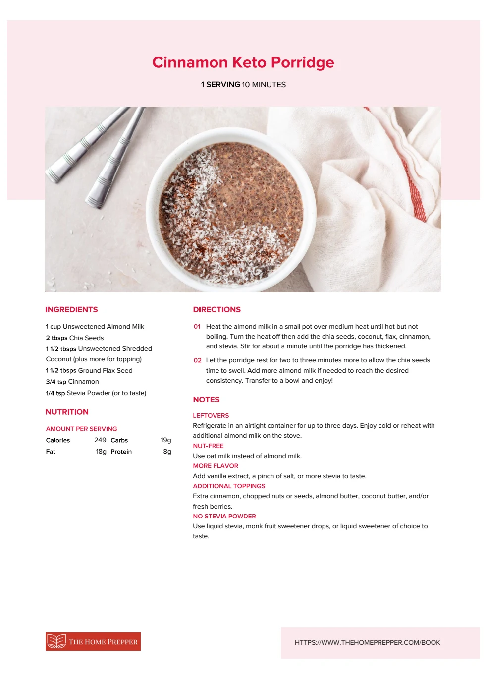 The cinnamon keto porridge recipe in Cooking with Herbs for Health