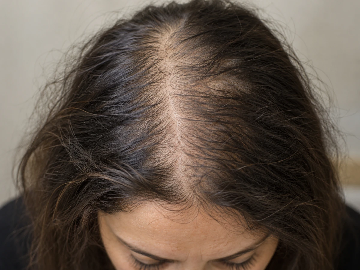 Owner-supplied close-up photograph of thinning hair along the part