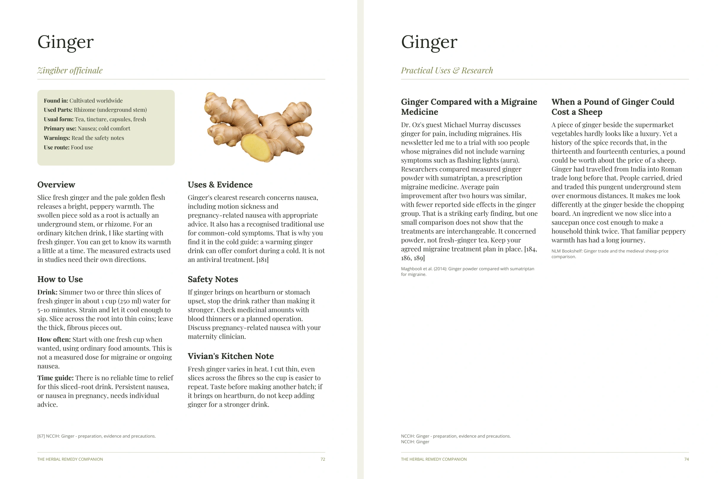 Current Ginger profile and practical research pages, pages 72 and 74