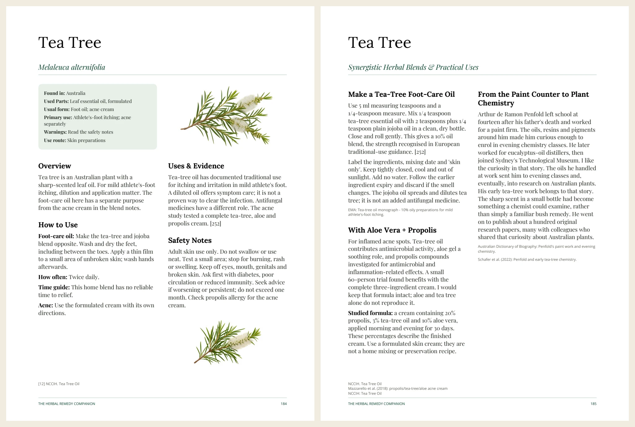 Actual Tea Tree profile and blend pages, 184–185