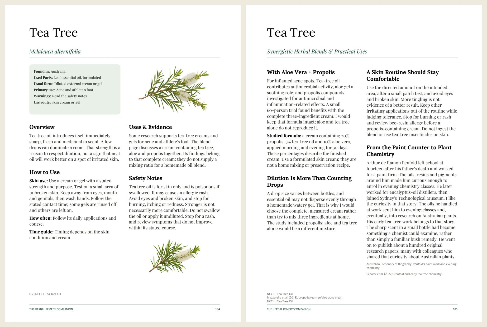 Actual Tea Tree profile and blend pages, 184–185