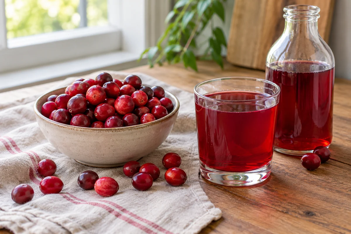 Tart red berries beside a glass and an unlabelled bottle of dark red juice