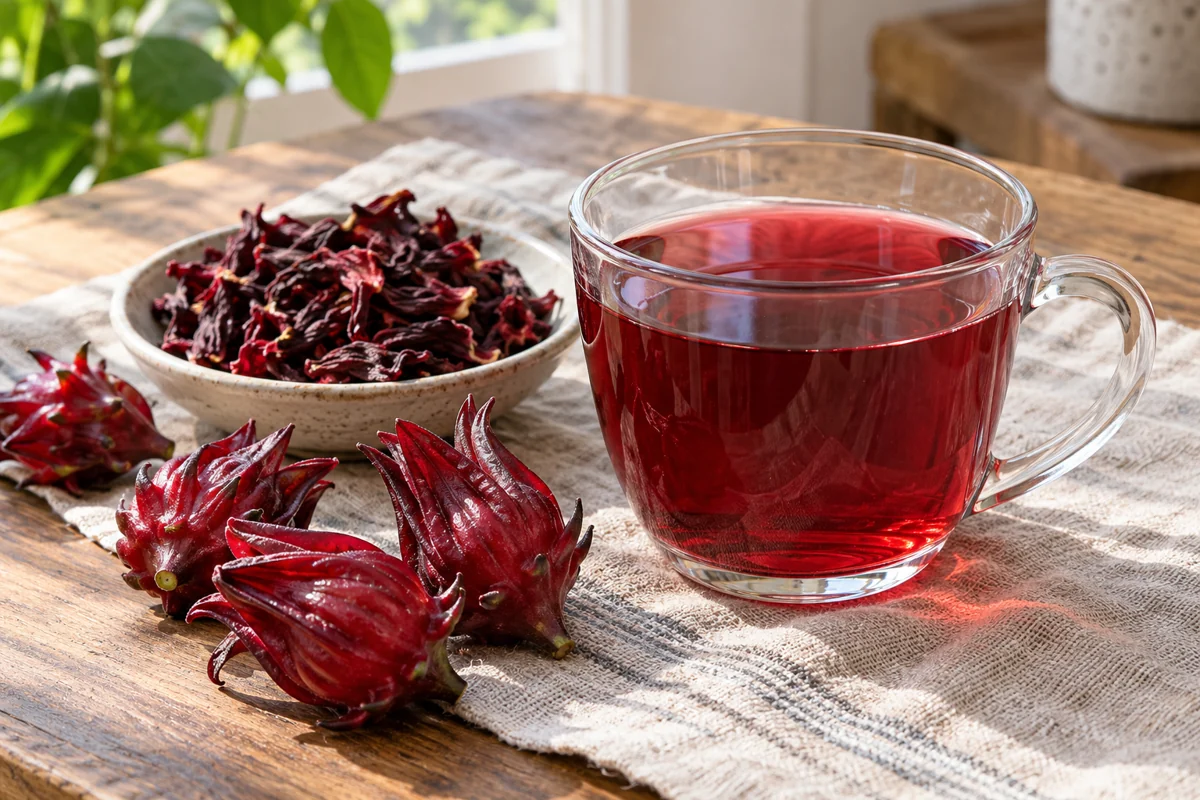 Deep-red flower tea with dried and fresh red calyces on a kitchen table