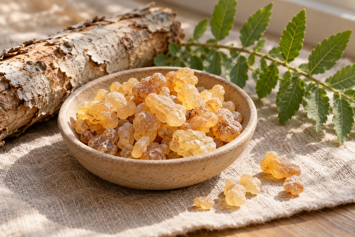 Pale golden plant resin with the source tree’s bark and leafy branch