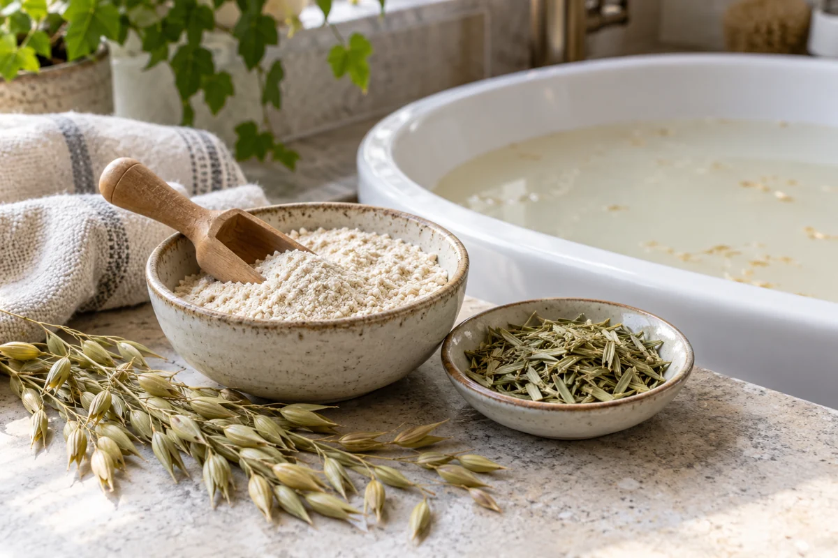 Finely milled grain, cut green herb and a milky bath preparation