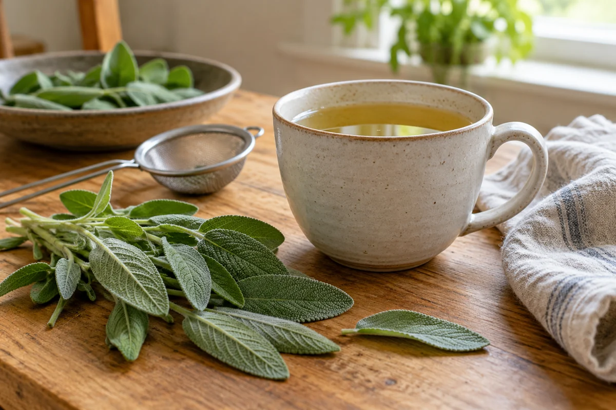 Tea beside soft silvery-green culinary leaves and a tea strainer