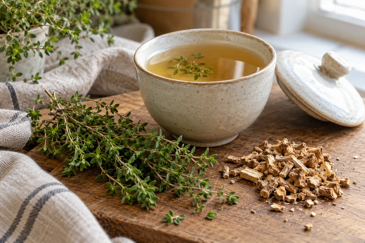 A covered herbal tea with tiny-leaved aromatic sprigs and dried root pieces