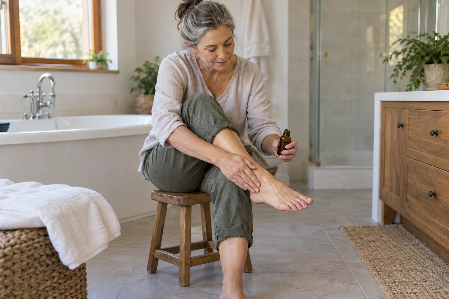 An adult applying a diluted topical foot-care preparation to clean intact skin