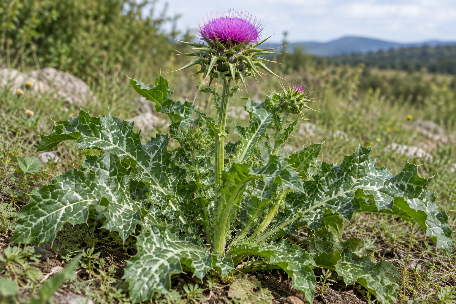 Purple flowers and white-marked leaves — illustrative photograph