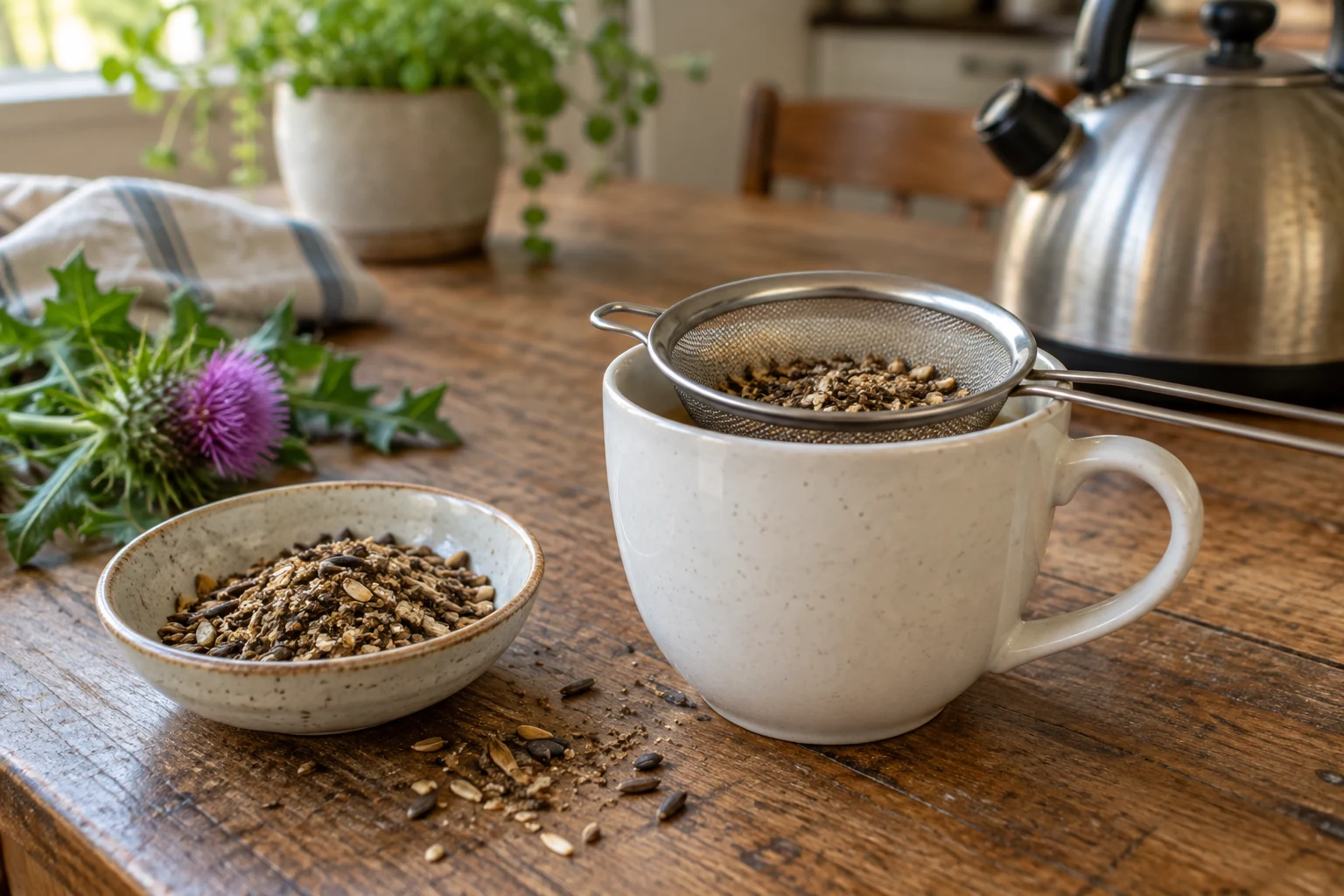The traditional digestive seed-tea preparation — illustrative photograph