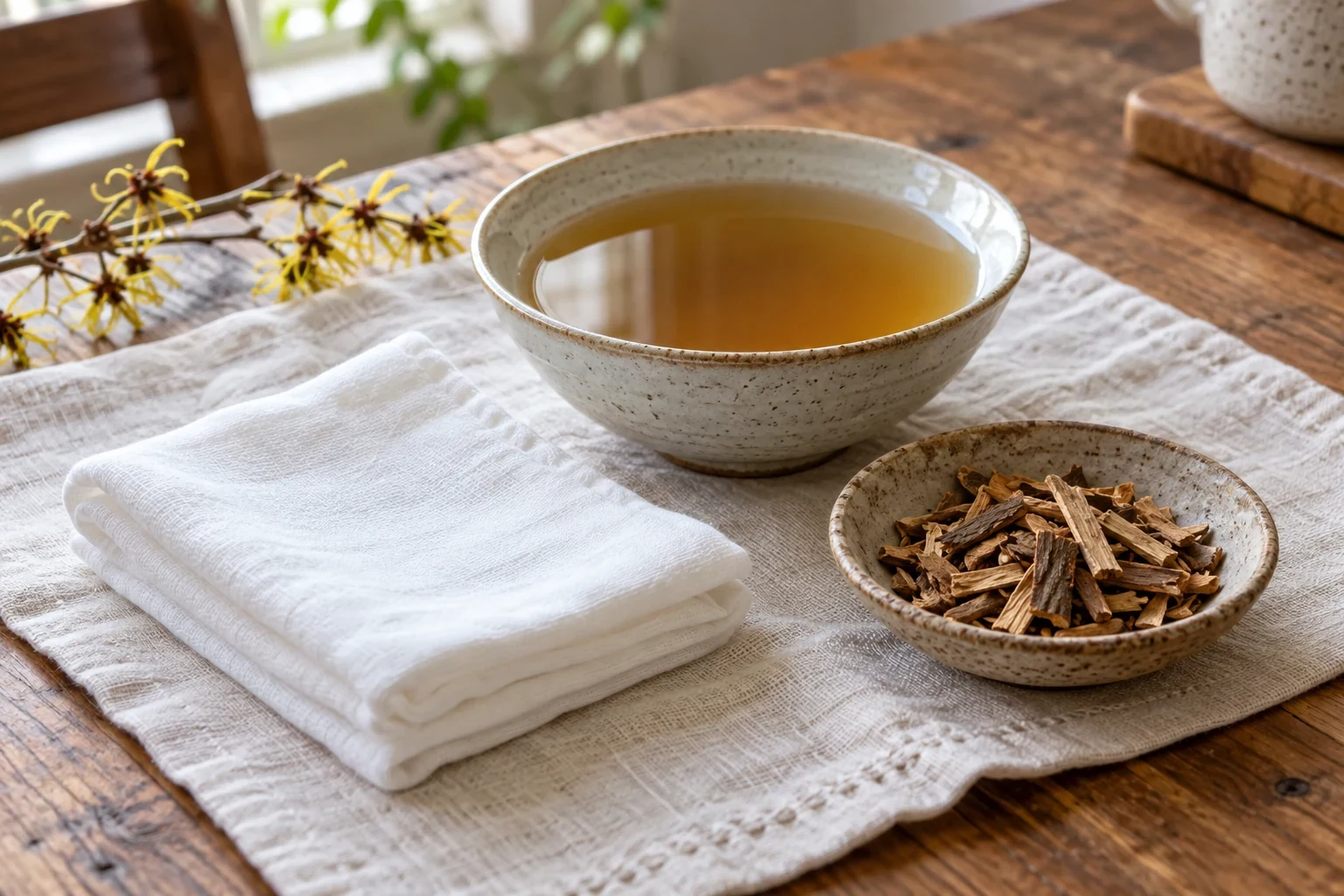A cooled bark infusion and clean compress — illustrative photograph